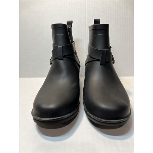 Lucky Brand Womens Rindah Belted Heel Rubber Rain Boots Sz 8 Black Stylish - Picture 4 of 13